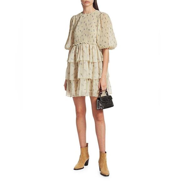 GANNI Size 40/ US Large Floral Print Pleated Georgette Babydoll Mini Dress - Picture 1 of 14